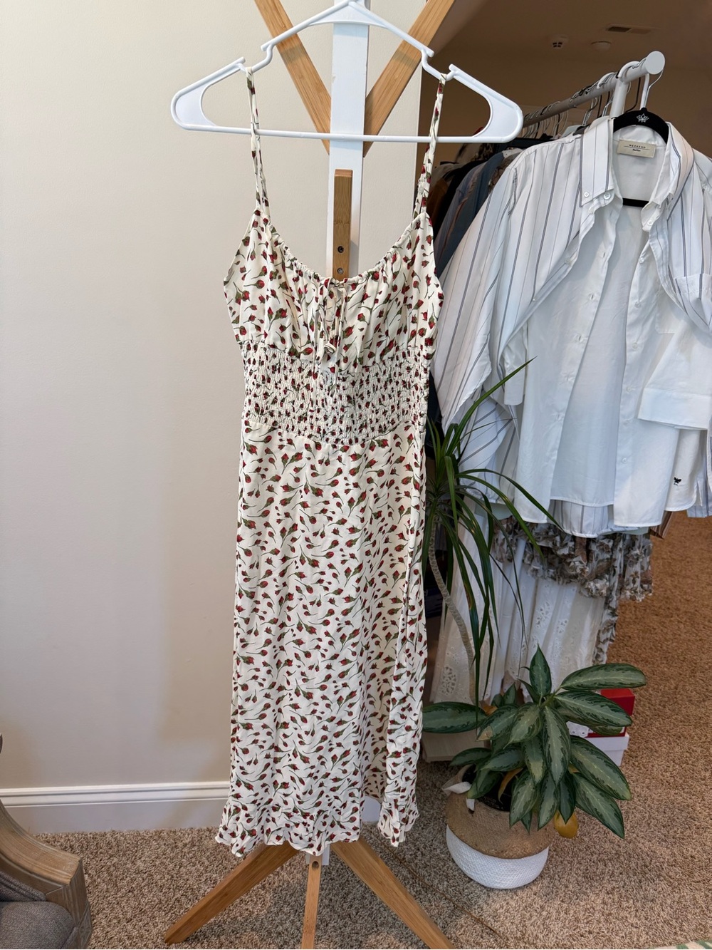 Reformation Cream Midi Dress with Red Floral Print